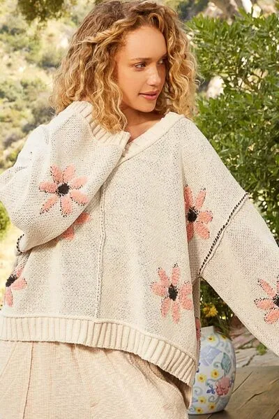 POL V-Neck Floral Pattern Chenille Sweater sold by The Barefoot Brunette Boutique product image thumbnail 3