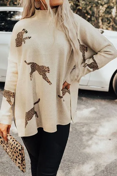 Animal Pattern Mock Neck Long Sleeve Slit Sweater sold by The Barefoot Brunette Boutique