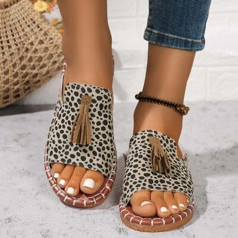 Fringe Leopard Open Toe Sandals sold by The Barefoot Brunette Boutique