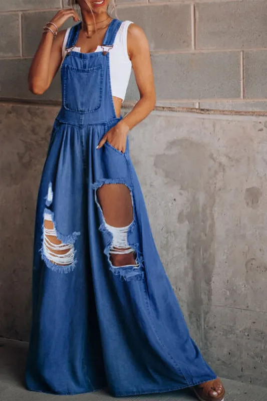 Distressed Wide Leg Denim Overalls sold by The Barefoot Brunette Boutique