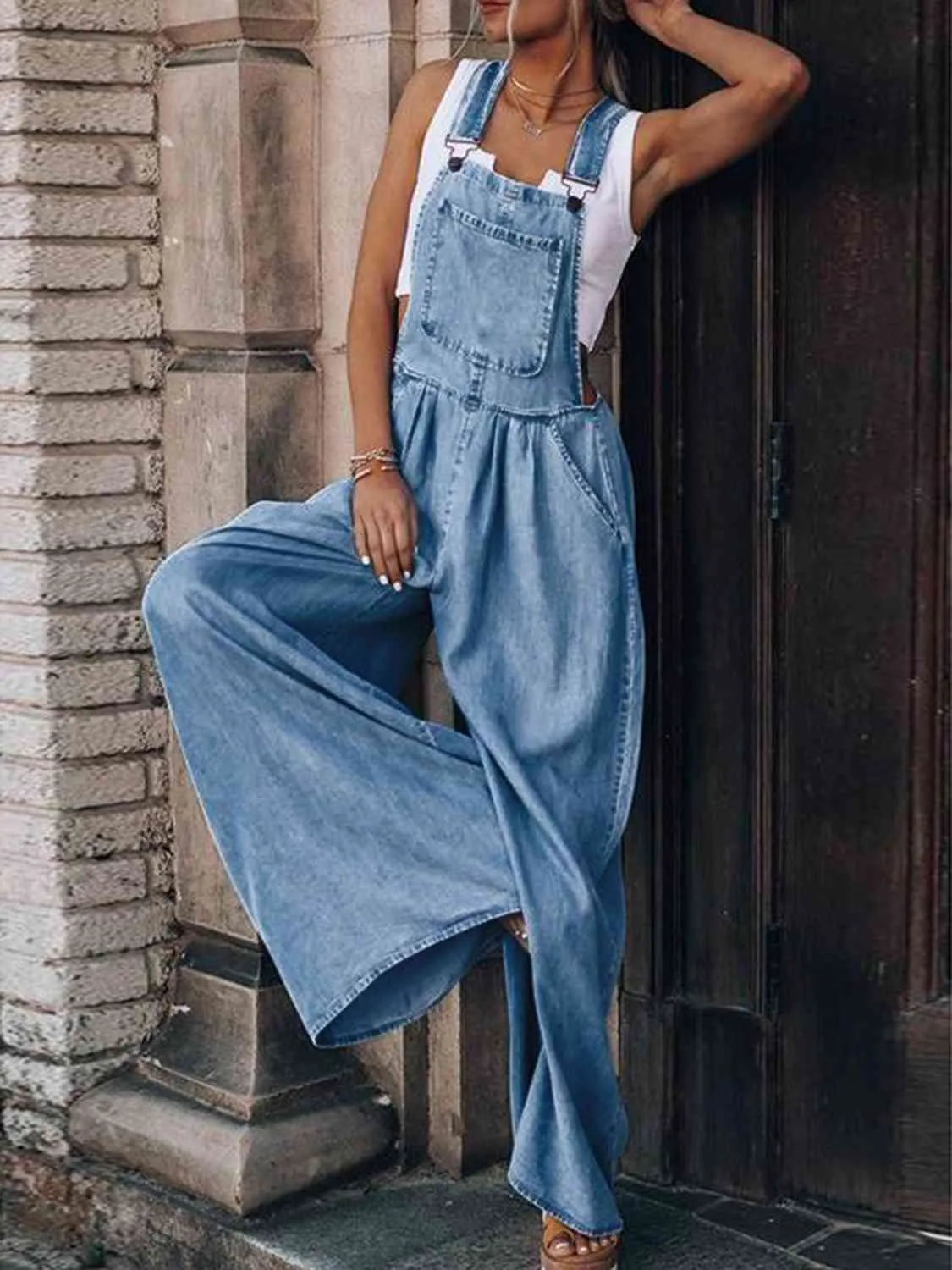 Wide Leg Denim Overalls sold by The Barefoot Brunette Boutique product image thumbnail 5