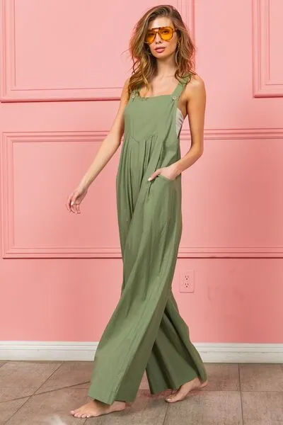BiBi Ruched Wide Leg Overalls with Pockets sold by The Barefoot Brunette Boutique