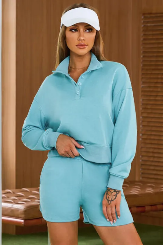 Half Button Sweatshirt and Shorts Active Set sold by The Barefoot Brunette Boutique