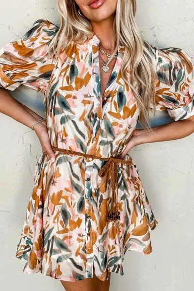 Printed Notched Short Sleeve Mini Dress sold by The Barefoot Brunette Boutique