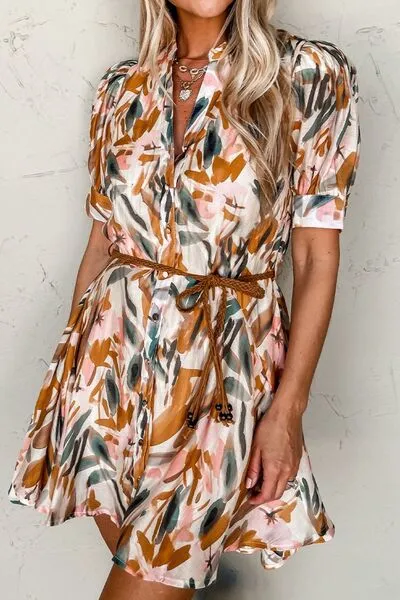 Printed Notched Short Sleeve Mini Dress sold by The Barefoot Brunette Boutique product image thumbnail 3