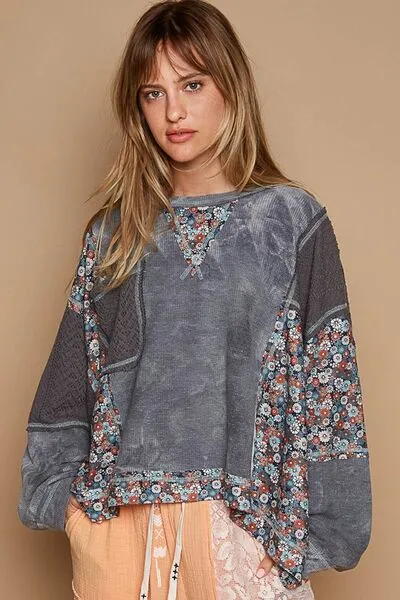 POL Floral Patchwork Round Neck Knit Top sold by The Barefoot Brunette Boutique