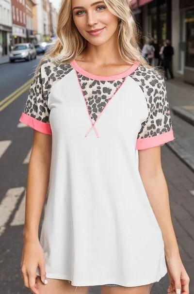 HeimishFull Size Leopard Round Neck Short Sleeve T-Shirt with Stitch Plus Size sold by The Barefoot Brunette Boutique
