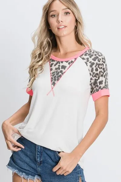 HeimishFull Size Leopard Round Neck Short Sleeve T-Shirt with Stitch Plus Size sold by The Barefoot Brunette Boutique product image thumbnail 4