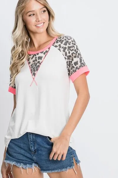 HeimishFull Size Leopard Round Neck Short Sleeve T-Shirt with Stitch Plus Size sold by The Barefoot Brunette Boutique product image thumbnail 5