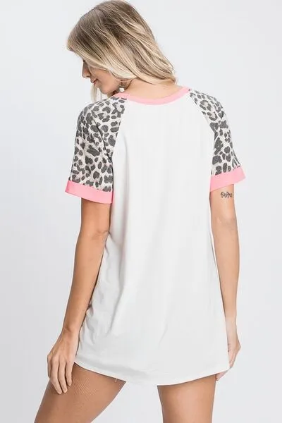 HeimishFull Size Leopard Round Neck Short Sleeve T-Shirt with Stitch Plus Size sold by The Barefoot Brunette Boutique product image thumbnail 2