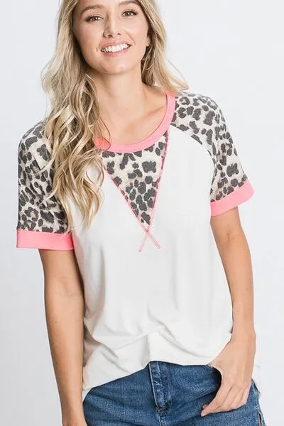 HeimishFull Size Leopard Round Neck Short Sleeve T-Shirt with Stitch Plus Size sold by The Barefoot Brunette Boutique product image thumbnail 3