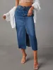 Raw Hem Front Slit Denim Midi Skirt sold by The Barefoot Brunette Boutique