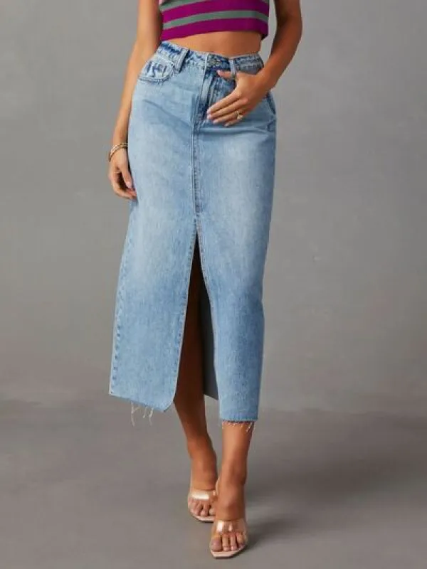 Raw Hem Front Slit Denim Midi Skirt sold by The Barefoot Brunette Boutique