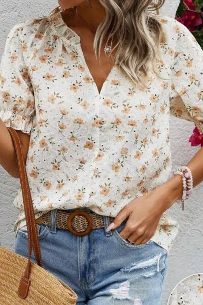 Frill Printed Notched Short Sleeve Blouse sold by The Barefoot Brunette Boutique product image thumbnail 4