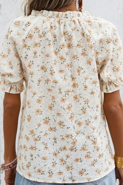 Frill Printed Notched Short Sleeve Blouse sold by The Barefoot Brunette Boutique product image thumbnail 5
