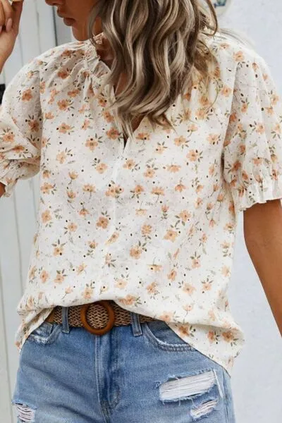 Frill Printed Notched Short Sleeve Blouse sold by The Barefoot Brunette Boutique product image thumbnail 2