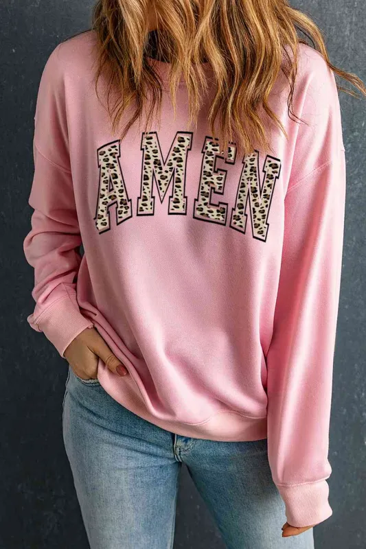 Round Neck Dropped Shoulder AMEN Graphic Sweatshirt sold by The Barefoot Brunette Boutique