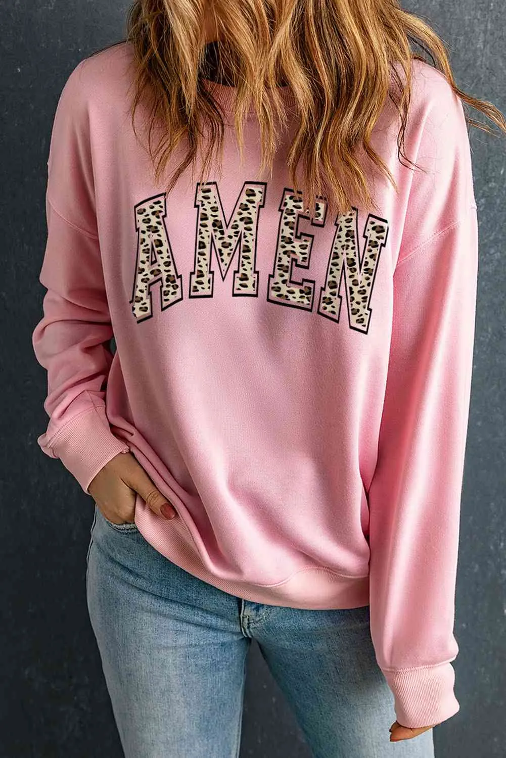 Round Neck Dropped Shoulder AMEN Graphic Sweatshirt sold by The Barefoot Brunette Boutique