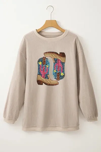 Full Size Sequin Boots Round Neck Long Sleeve Sweatshirt sold by The Barefoot Brunette Boutique product image thumbnail 4