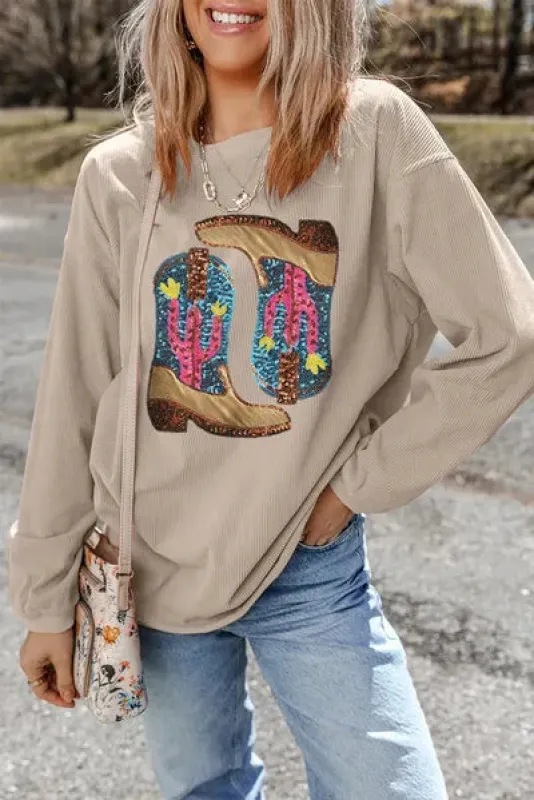 Full Size Sequin Boots Round Neck Long Sleeve Sweatshirt sold by The Barefoot Brunette Boutique