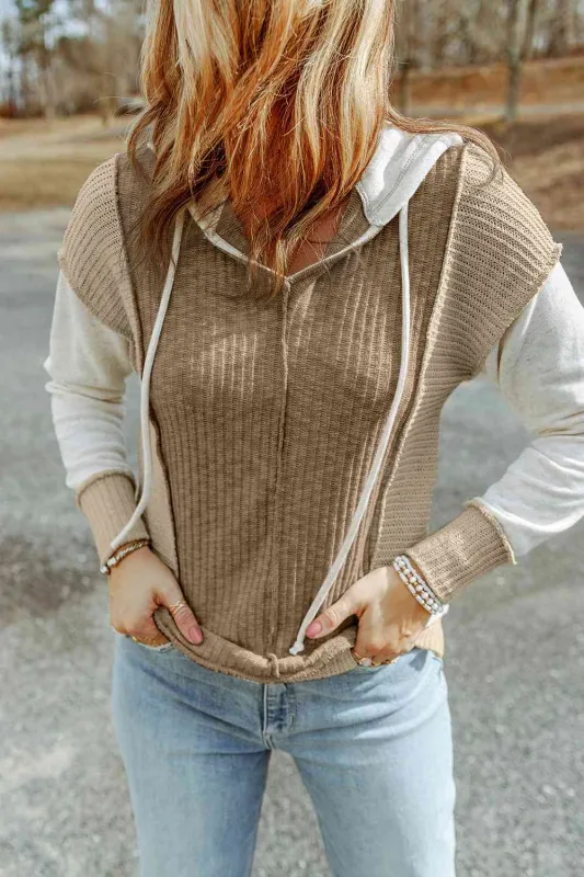 Color Block Exposed Seam Drawstring Hoodie sold by The Barefoot Brunette Boutique