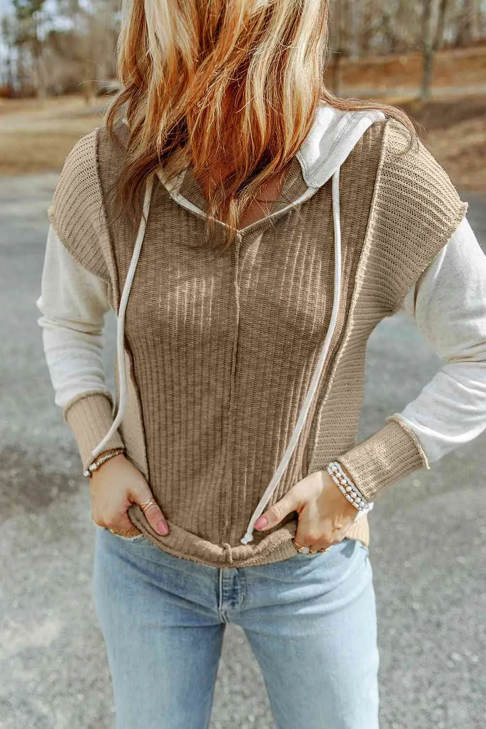 Color Block Exposed Seam Drawstring Hoodie sold by The Barefoot Brunette Boutique