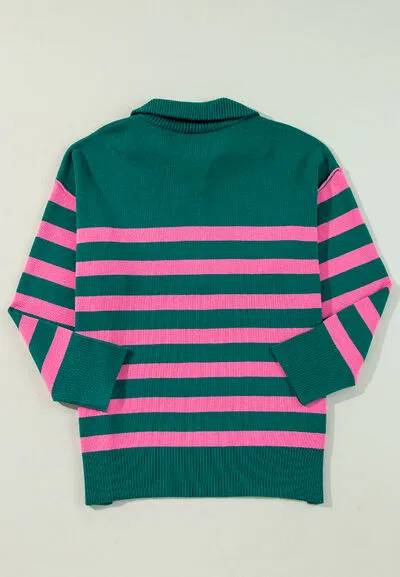 Contrast Striped Quarter Zip Long Sleeve Sweater sold by The Barefoot Brunette Boutique product image thumbnail 4
