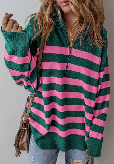 Contrast Striped Quarter Zip Long Sleeve Sweater sold by The Barefoot Brunette Boutique