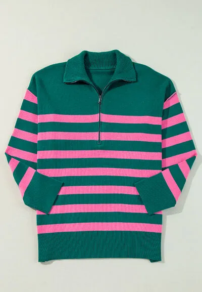 Contrast Striped Quarter Zip Long Sleeve Sweater sold by The Barefoot Brunette Boutique product image thumbnail 3