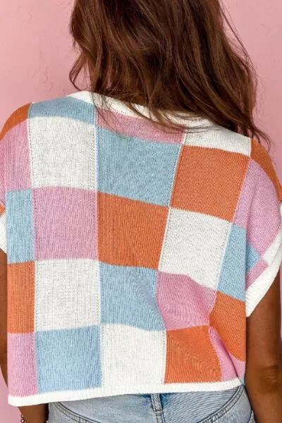 Contrast Plaid Round Neck Cap Sleeve Sweater sold by The Barefoot Brunette Boutique product image thumbnail 3