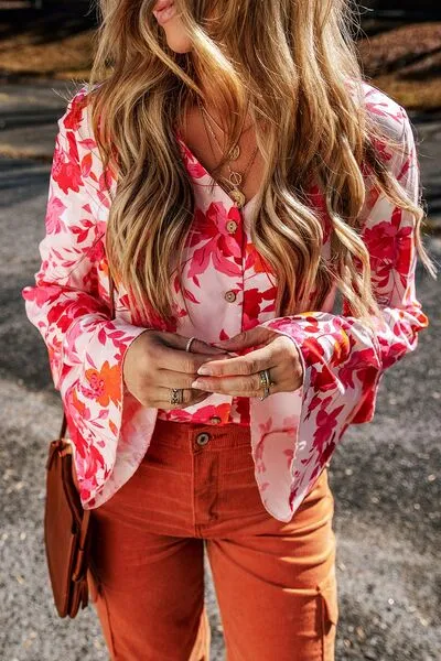 Floral Flare Sleeve Button Up V-Neck Bodysuit sold by The Barefoot Brunette Boutique product image thumbnail 4