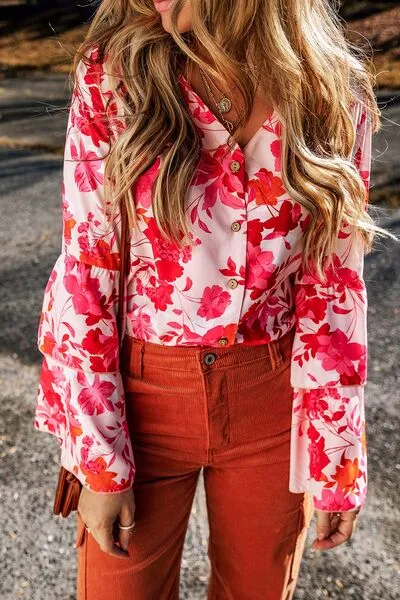 Floral Flare Sleeve Button Up V-Neck Bodysuit sold by The Barefoot Brunette Boutique product image thumbnail 3