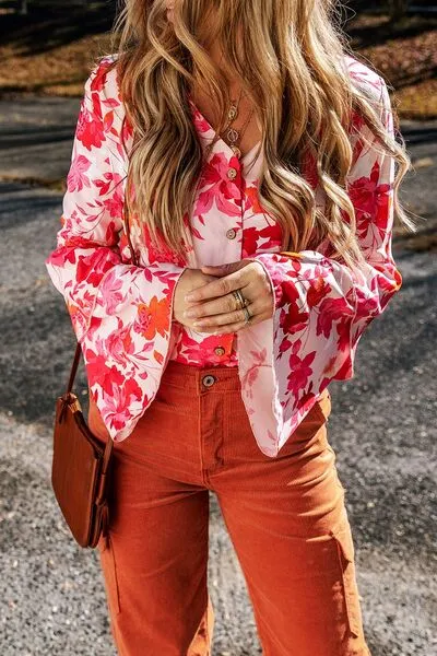 Floral Flare Sleeve Button Up V-Neck Bodysuit sold by The Barefoot Brunette Boutique product image thumbnail 5