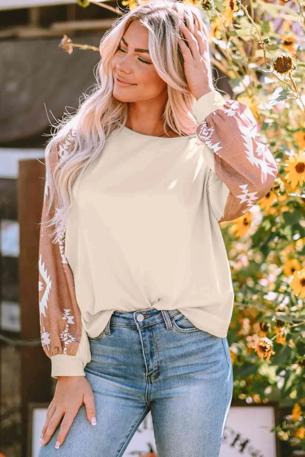 Geometric Round Neck Long Sleeve T-Shirt sold by The Barefoot Brunette Boutique