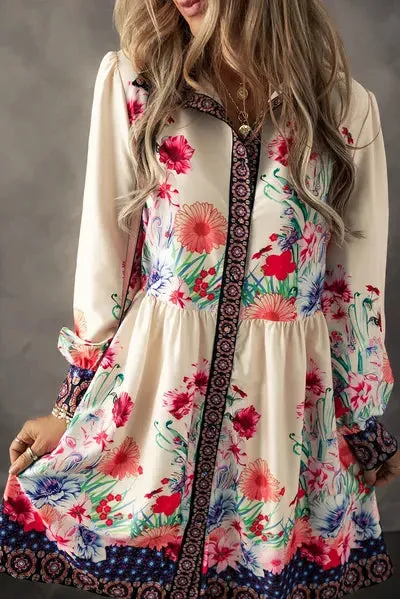 Flower Button Down Lantern Sleeve Dress sold by The Barefoot Brunette Boutique