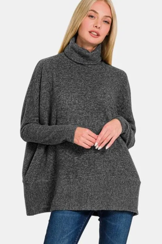 Zenana Full Size Brushed Melange Hacci Turtleneck Sweater sold by The Barefoot Brunette Boutique