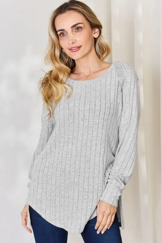 Basic Bae Full Size Ribbed Round Neck Slit T-Shirt made by The Barefoot Brunette Boutique