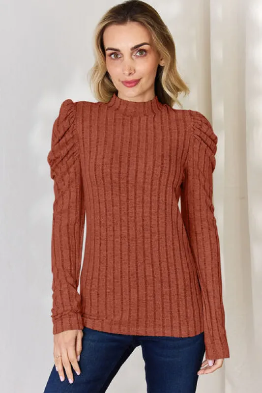 Basic Bae Full Size Ribbed Mock Neck Puff Sleeve T-Shirt sold by The Barefoot Brunette Boutique