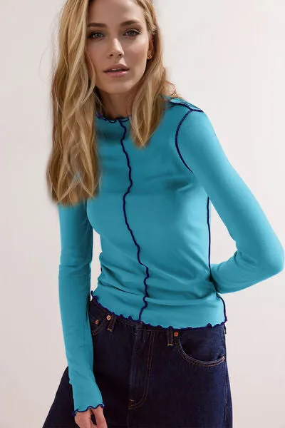 Basic Bae Contrast Trim Mock Neck Long Sleeve T-Shirt sold by The Barefoot Brunette Boutique product image thumbnail 2