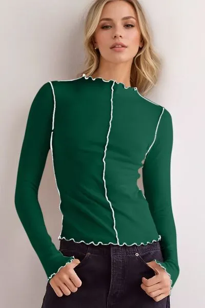 Basic Bae Contrast Trim Mock Neck Long Sleeve T-Shirt sold by The Barefoot Brunette Boutique product image thumbnail 3