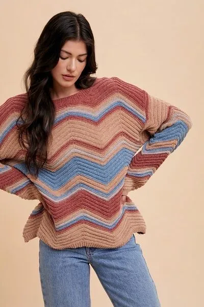 Annie Wear Multi Color Zig-Zag Round Neck Sweater sold by The Barefoot Brunette Boutique product image thumbnail 3