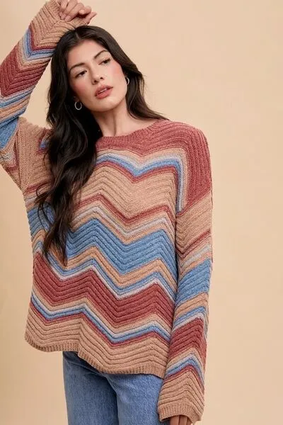 Annie Wear Multi Color Zig-Zag Round Neck Sweater sold by The Barefoot Brunette Boutique product image thumbnail 5
