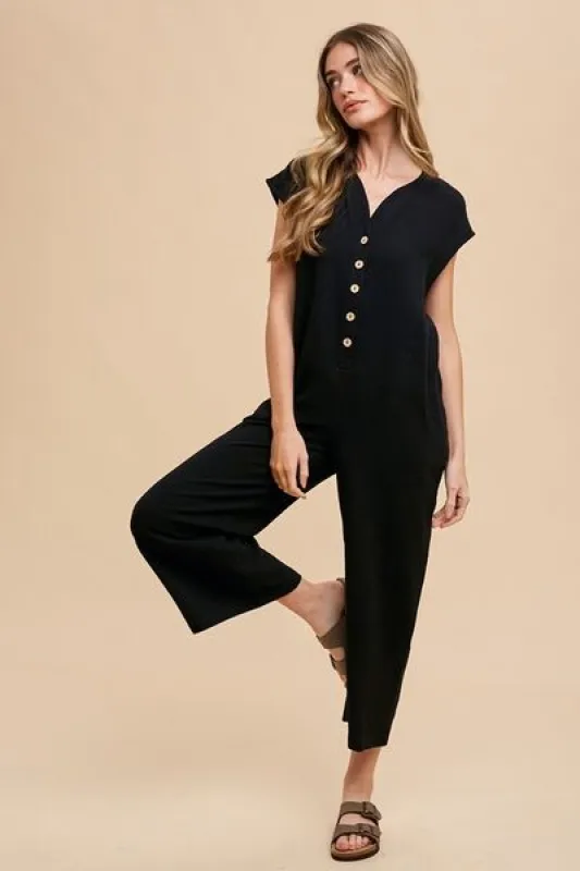 Annie Wear Button Detail Wide Leg Jumpsuit with Pockets sold by The Barefoot Brunette Boutique