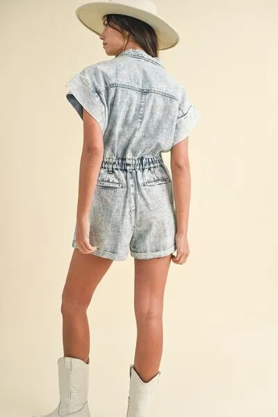 Annie Wear Elastic Waistband Short Sleeve Denim Romper sold by The Barefoot Brunette Boutique product image thumbnail 3