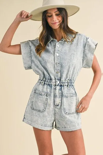 Annie Wear Elastic Waistband Short Sleeve Denim Romper sold by The Barefoot Brunette Boutique product image thumbnail 4