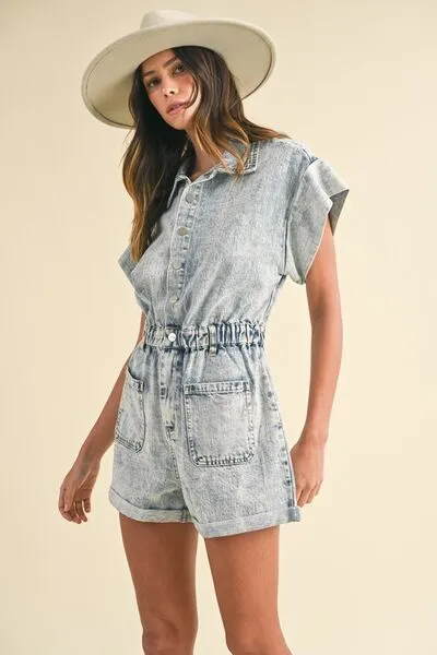 Annie Wear Elastic Waistband Short Sleeve Denim Romper sold by The Barefoot Brunette Boutique product image thumbnail 2