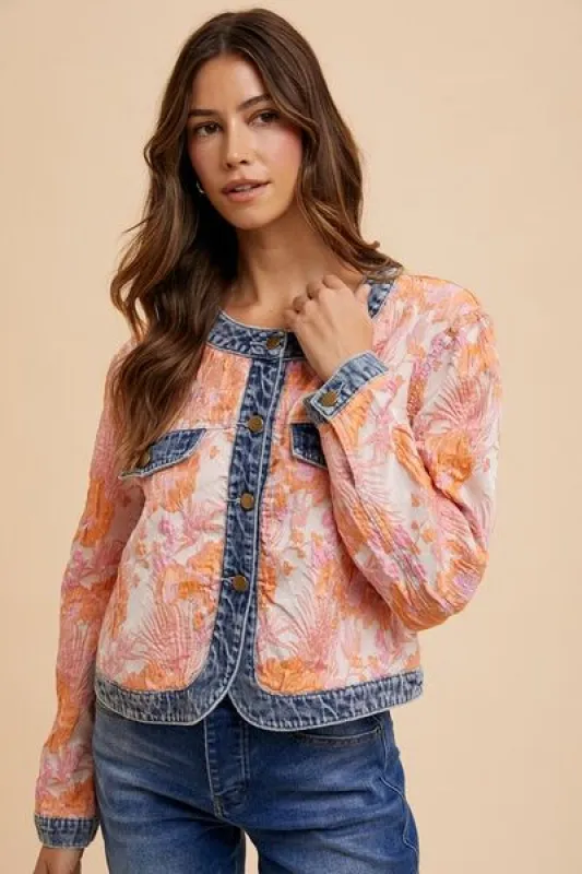 Annie Wear Floral Jacquard Denim Contrast Button Down Jacket sold by The Barefoot Brunette Boutique