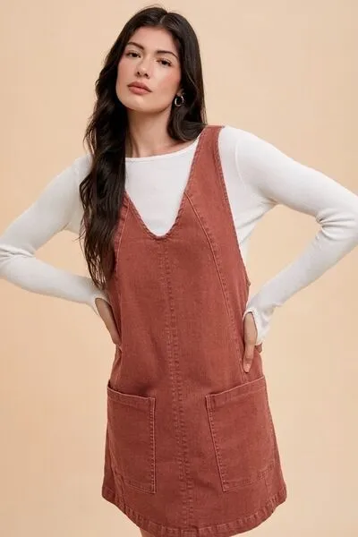 Annie Wear V-Neck Adjustable Strap Denim Overall Dress with Pockets sold by The Barefoot Brunette Boutique product image thumbnail 4