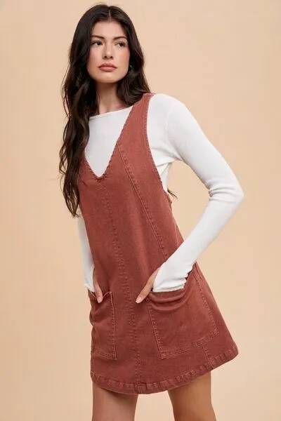 Annie Wear V-Neck Adjustable Strap Denim Overall Dress with Pockets sold by The Barefoot Brunette Boutique product image thumbnail 2
