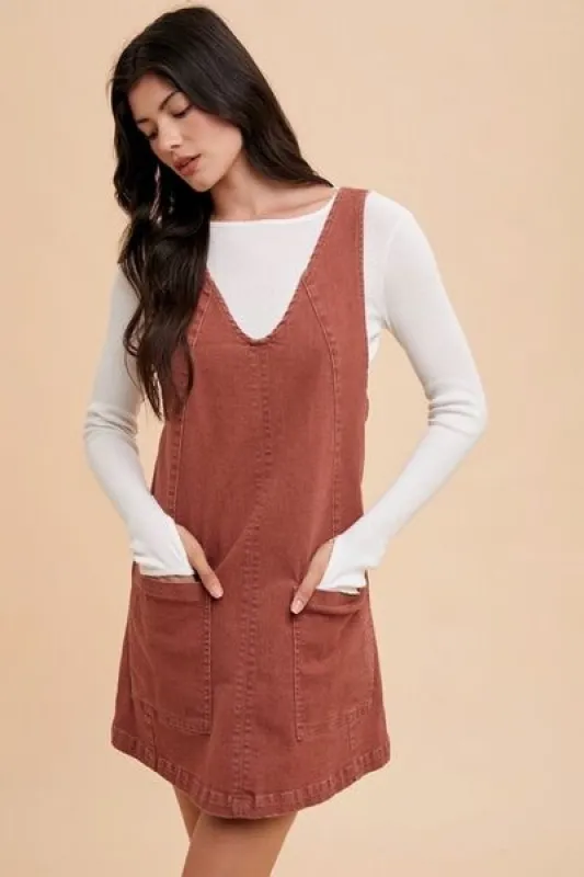 Annie Wear V-Neck Adjustable Strap Denim Overall Dress with Pockets made by The Barefoot Brunette Boutique